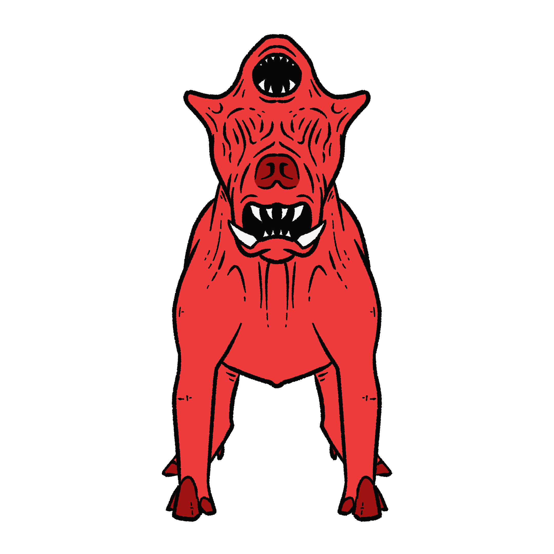An illustration of a tusked bright red dog-like creature with an upside-down mouth on the top of its eyeless head.